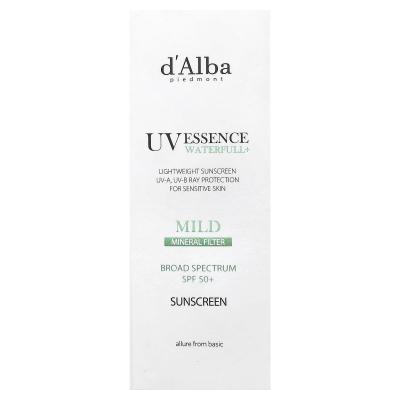 d'Alba, UV Essence Waterfull+ واقي الشمس، فلتر معدني، خفيف، عامل حماية من الشمس 50، 1.69 أونصة سائلة (50 مل)