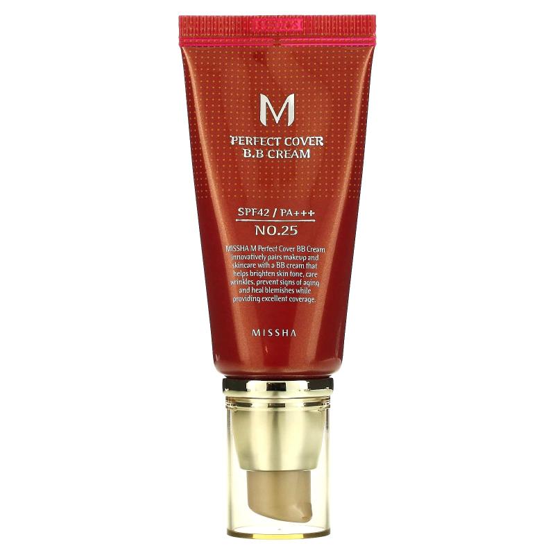 Missha, كريم M Perfect Cover B.B، عامل حماية من الشمس SPF 42 PA+++، رقم 25 بيج دافئ، 1.7 أونصة (50 مل)