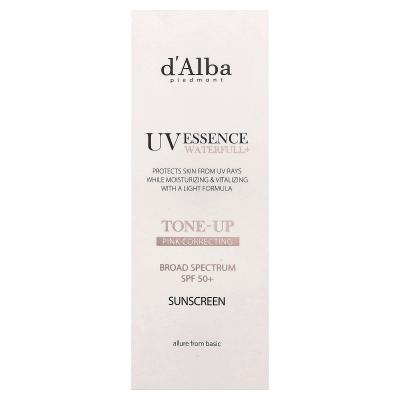 d'Alba, UV Essence Waterfull+ واقي من الشمس، مصحح للون الوردي، عامل حماية من الشمس 50+، 1.69 أونصة سائلة (50 مل)