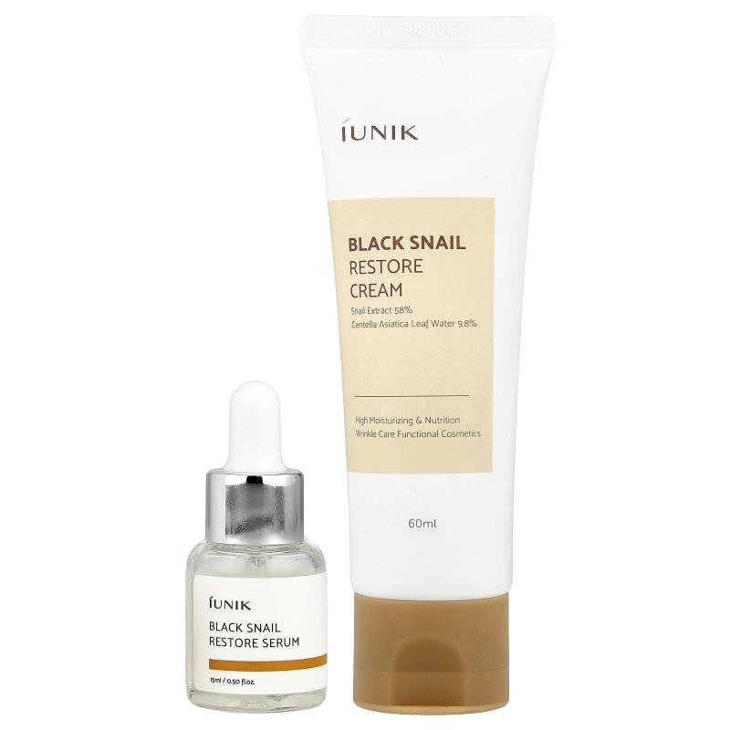 iUNIK، مجموعة العناية بالبشرة Black Snail Edition، كريم ومصل صغير، مجموعة مكونة من قطعتين