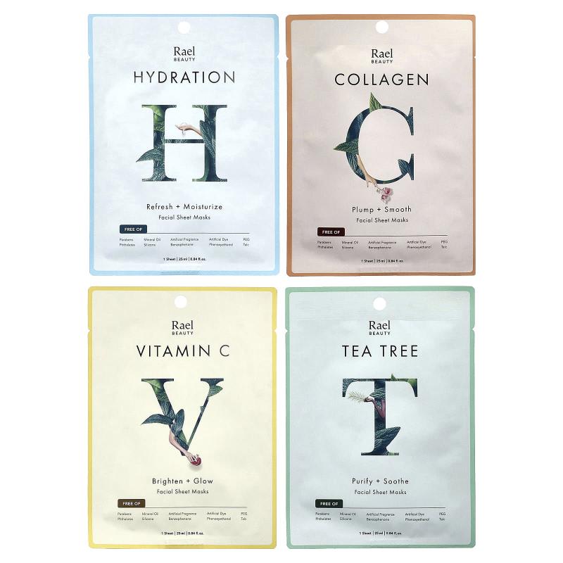 Rael, مجموعة أقنعة التجميل Cycle Synced، 4 ورقات، 0.84 أونصة سائلة (25 مل) لكل واحدة