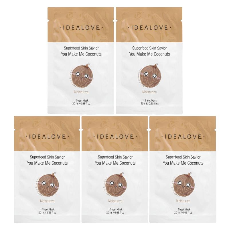 Idealove, غذاء فائق للبشرة، You Make Me Coconuts، 5 أقنعة ورقية للتجميل، 0.68 أونصة سائلة (20 مل) لكل منها