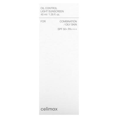 Celimax, واقي شمسي خفيف للتحكم في الزيت، البشرة المختلطة/الدهنية، عامل حماية من الشمس 50+ PA++++، 1.35 أونصة سائلة (40 مل)