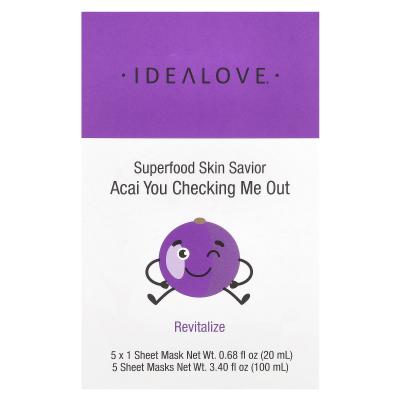 Idealove, غذاء فائق للبشرة، Acai You Checking Me Out، 5 أقنعة ورقية للتجميل، 0.68 أونصة سائلة (20 مل) لكل منها