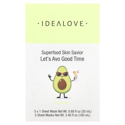 Idealove, غذاء فائق للبشرة، Let's Avo Good Time، 5 أقنعة ورقية للتجميل، 0.68 أونصة سائلة (20 مل) لكل واحدة