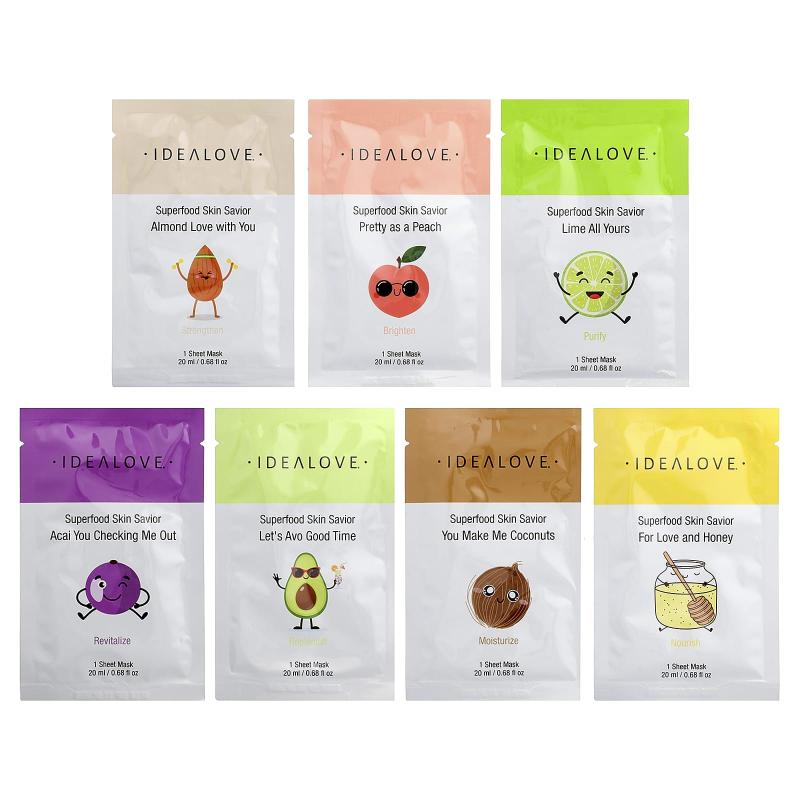 Idealove, أقنعة التجميل Superfood Skin Savior Beauty، مجموعة متنوعة، 7 ورقات، 0.68 أونصة سائلة (20 مل) لكل واحدة
