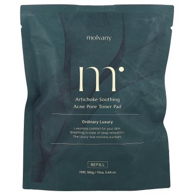 Molvany, وسادة تونر مهدئة لمسام حب الشباب بالخرشوف، قابلة لإعادة التعبئة، 70 وسادة، 5.64 أونصة (160 جم)