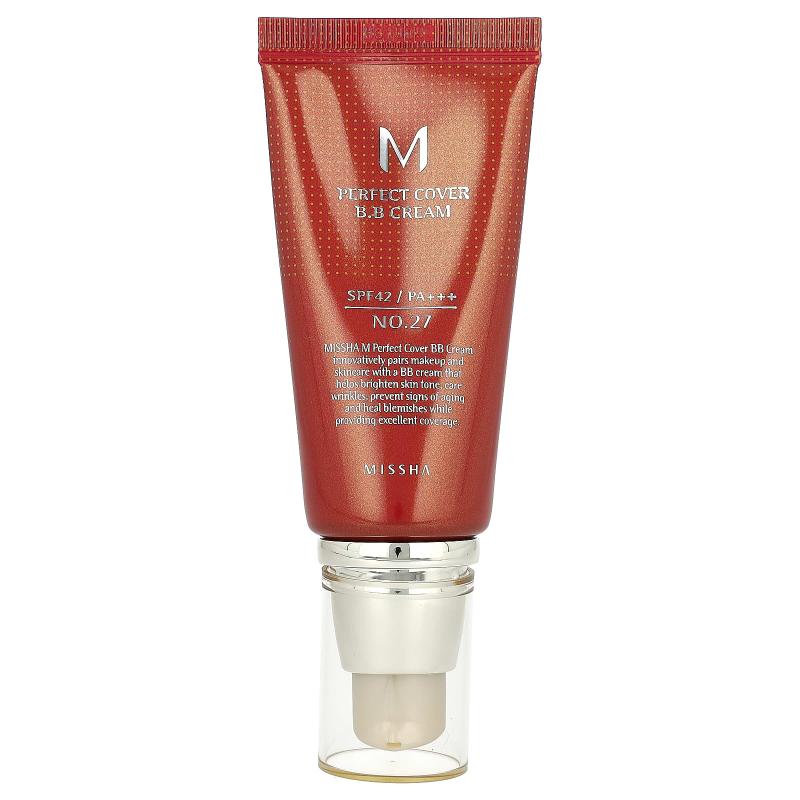 Missha, كريم M Perfect Cover B.B، عامل حماية من الشمس SPF 42 PA+++، رقم 27 بيج عسلي، 1.7 أونصة سائلة (50 مل)