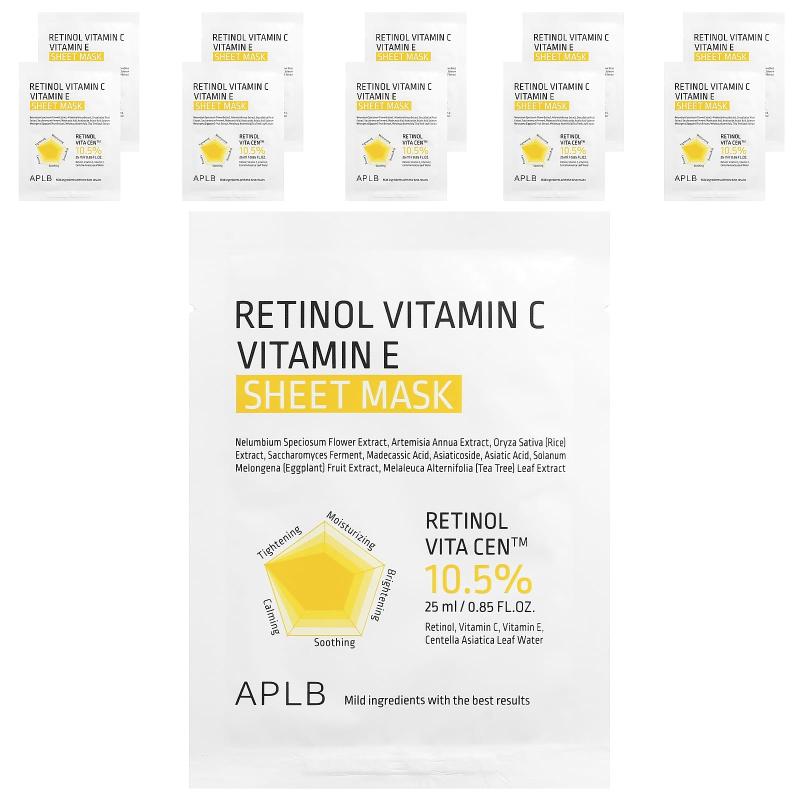 APLB, Retinol Vitamin C, Vitamin E Beauty Sheet Mask, 10 Sheets, 0.85 fl oz (25 ml) Each