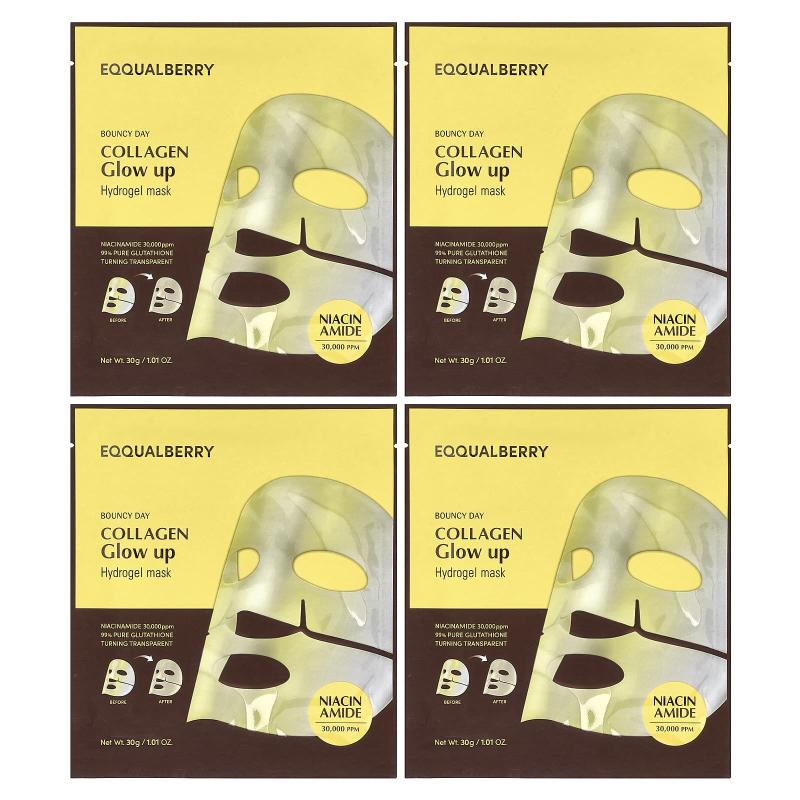 EQQUALBERRY, قناع التجميل بالكولاجين المتوهج والهيدروجيل، 4 أقنعة، 1.01 أونصة (30 جم) لكل واحدة