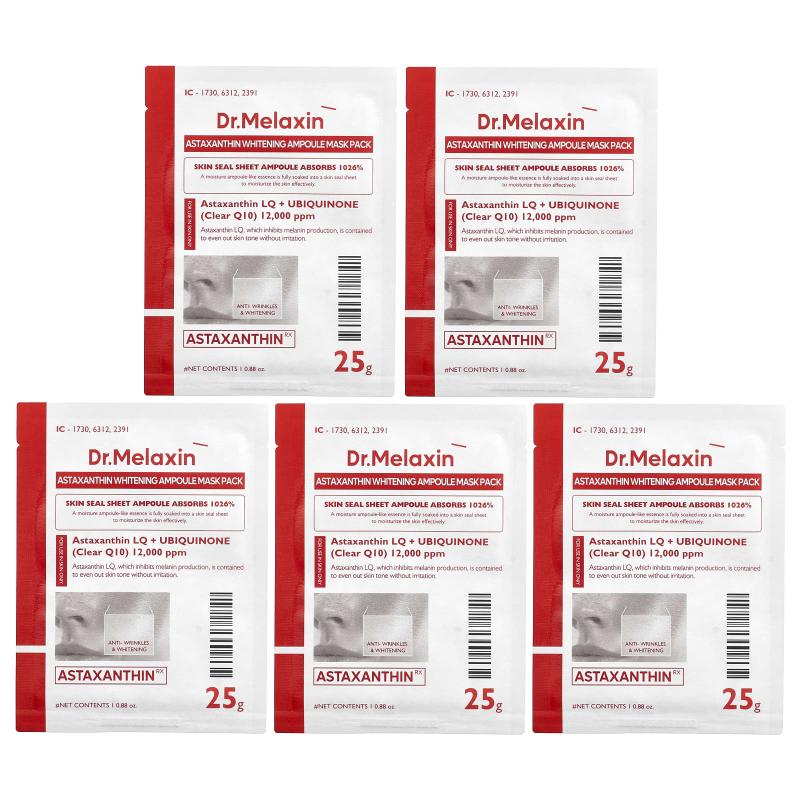 Dr.Melaxin, AstaxanthinRX، حزمة أقنعة تجميل أمبولات التبييض، 5 ورقات، 0.88 أونصة (25 جم) لكل واحدة