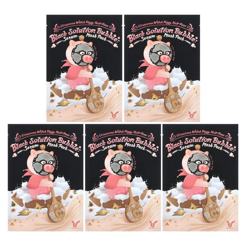 Elizavecca, Witch Piggy، Hell-Pore، مجموعة أقنعة الجمال بمصل الفقاعات باللون الأسود، 5 أقنعة ورقية، 1 أونصة (28 جم) لكل واحدة