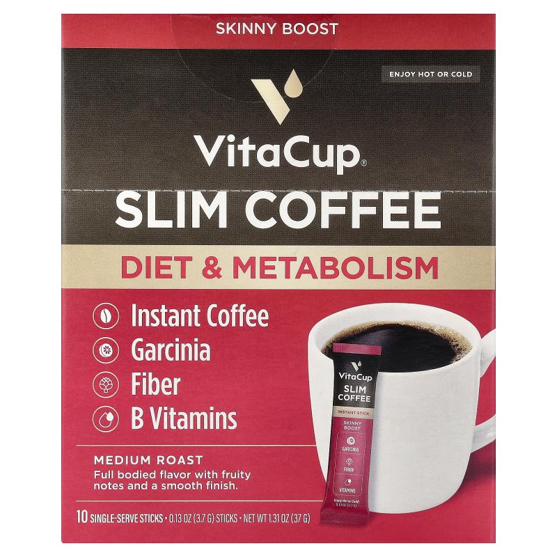 VitaCup, قهوة سريعة التحضير رفيعة، تحميص متوسط، 10 أعواد تقدم مرة واحدة، 0.13 أونصة (3.7 جم) لكل منها