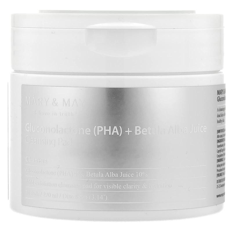 Mary & May, جلوكونولاكتون (PHA) + ضمادة تنظيف عصير بيتولا ألبا، 70 ضمادة، 270 مل