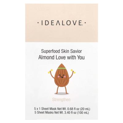 Idealove, غذاء فائق للبشرة، حب اللوز معك، 5 أقنعة ورقية للتجميل، 0.68 أونصة سائلة (20 مل) لكل واحدة