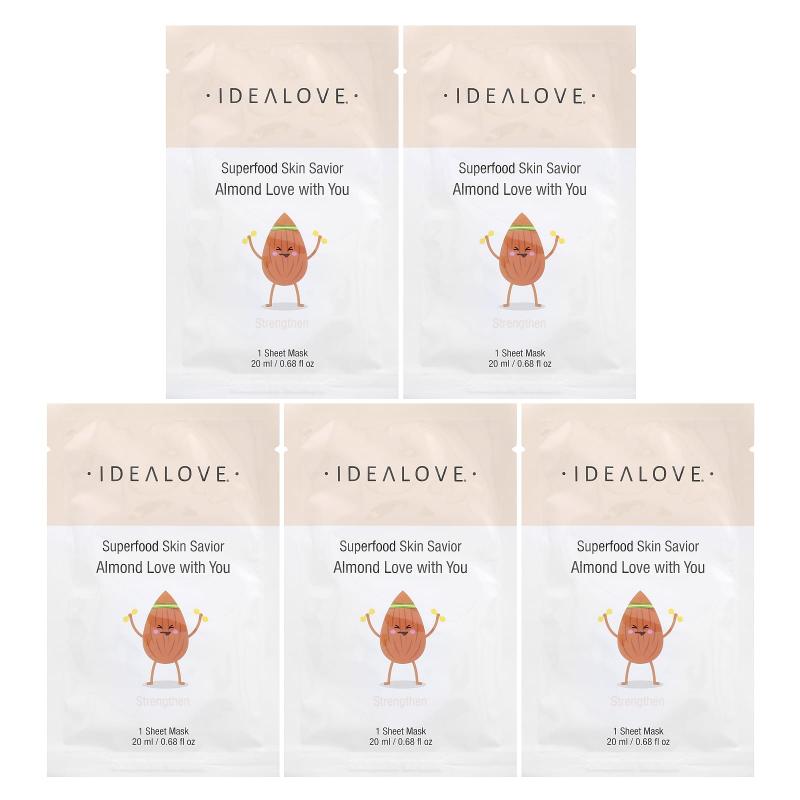 Idealove, غذاء فائق للبشرة، حب اللوز معك، 5 أقنعة ورقية للتجميل، 0.68 أونصة سائلة (20 مل) لكل واحدة